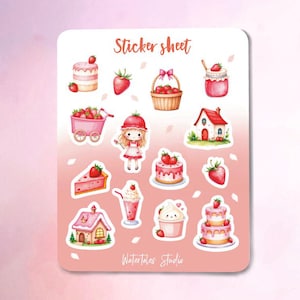 Strawberry Sticker Sheet - Kawaii Strawberry Watercolor Style Stickers for Planners, Bulletjournal, Scrapbooking, Cards, Gifts