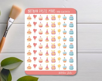Birthday Pastel Mini Stickers - Hand Illustrated Super Tiny Birthday Stickers for Small Planners, Bulletjournal, Scrapbooks, and Cards