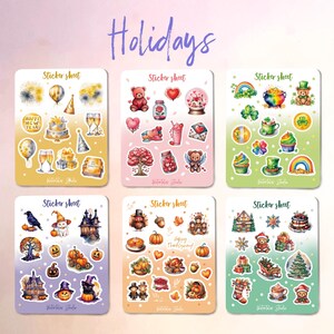 May include: Six sticker sheets with holiday-themed designs. Each sheet features various illustrations, including New Year's, Valentine's Day, St. Patrick's Day, Halloween, Thanksgiving, and Christmas. The word "Holidays" is written in cursive at the top.