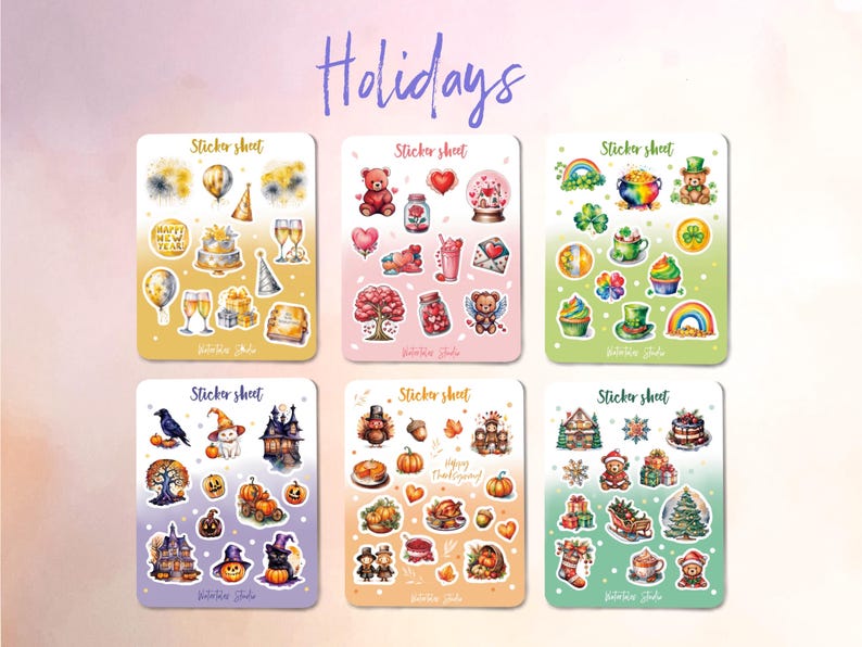 May include: Six sticker sheets with holiday-themed designs. Each sheet features various illustrations, including New Year's, Valentine's Day, St. Patrick's Day, Halloween, Thanksgiving, and Christmas. The word "Holidays" is written in cursive at the top.