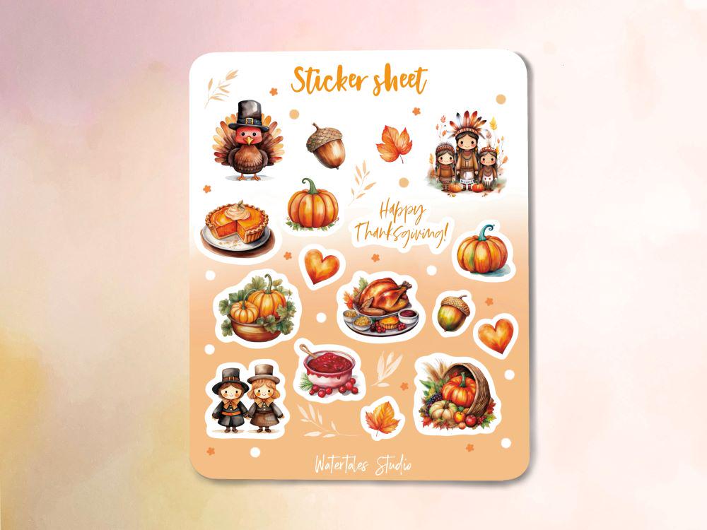 Thanksgiving Sticker Sheet - Fall Autumn Holiday Watercolor Style ...