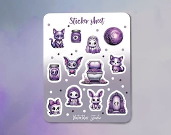 Kawaii Goth Sticker Sheet - Creepy Kawaii Goth Stickers, Spooky Halloween Stickers, Cute Goth Girl Stickers