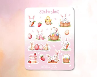 Happy Easter Bunny Sticker Sheet - Kawaii Easter Decor Watercolor Style Stickers for Planners, Bulletjournal, Scrapbooking, Cards, Gifts