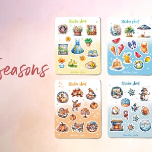 May include: Four sticker sheets with watercolor illustrations representing the four seasons. Each sheet features themed images: spring, summer, autumn, and winter. The word "Seasons" is written in cursive on the left side.