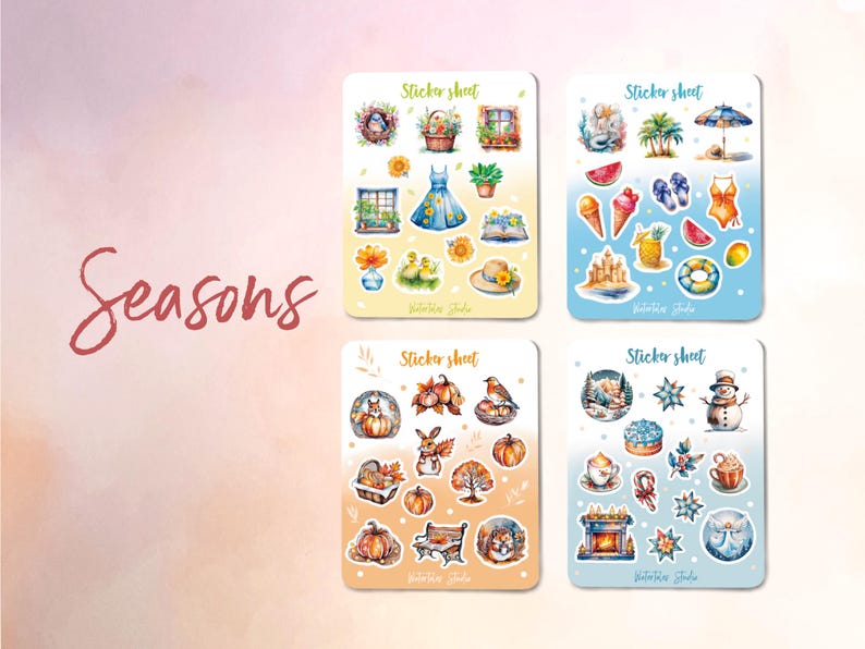 May include: Four sticker sheets with watercolor illustrations representing the four seasons. Each sheet features themed images: spring, summer, autumn, and winter. The word "Seasons" is written in cursive on the left side.