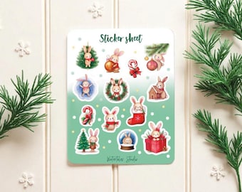Christmas Bunny Sticker Sheet - Winter Rabbit Holiday Watercolor Style Stickers for Planners, Bulletjournal, Scrapbooking, Cards, Gifts