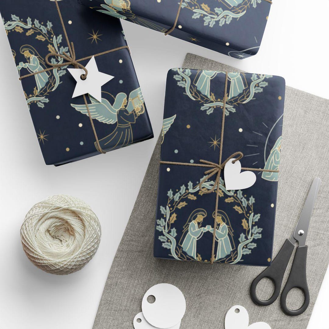 Nativity Christmas Wrapping Paper: Angel & Holly Pattern - Etsy
