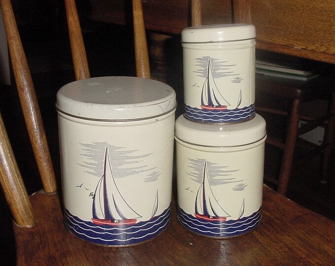 Vintage Tin Kitchen Canisters Sailboats Nautical Etsy