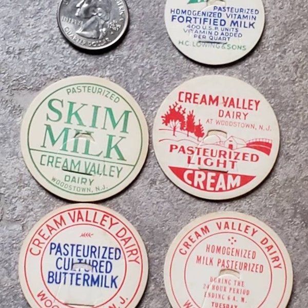 Five Cardboard Dairy Caps New Jersey, Cream Valley Dairy and Cedar Crest Farms