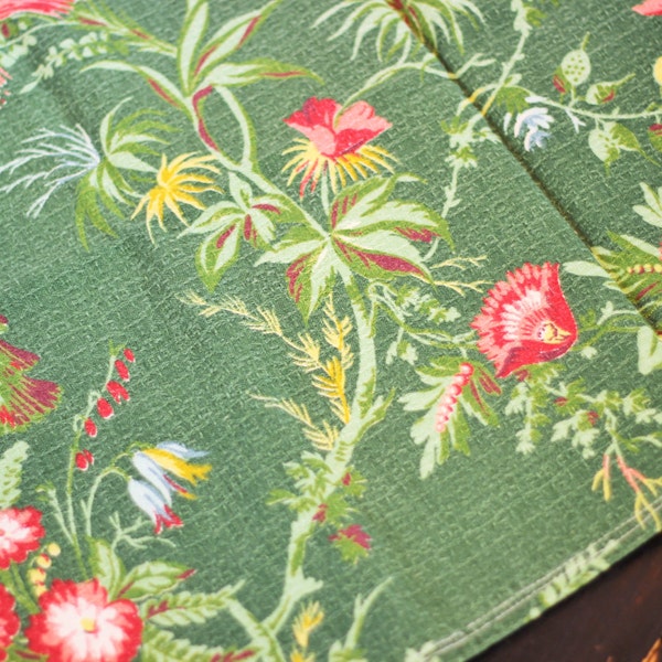 Vintage Barkcloth Fabric Green Floral Shabby Cottage