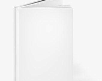 May include: A white blank book with a black spine. The book is closed and lying flat on a white surface.