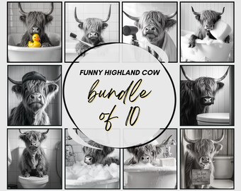 Highland Cow Bathroom Art Prints: Funny Farmhouse Animal Decor (Digital Download Bundle, 10 JPGs)