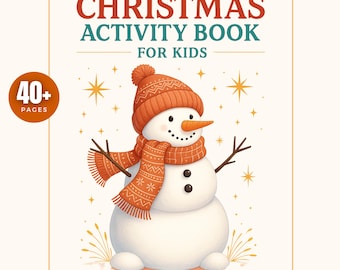 May include: A Christmas Activity Book for Kids with a snowman illustration. The snowman wears an orange hat and scarf with a patterned design. The book cover has the text "CHRISTMAS ACTIVITY BOOK FOR KIDS" and "40+ PAGES".