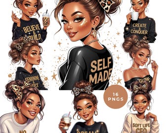 May include: A collection of digital illustrations featuring a stylish woman with brown hair and a leopard print bow. The woman is wearing various black and white tops with gold text that reads "Believe & Build", "Self Made", "Create & Conquer", "Dream Doer", "Soft Life CEO", and "Feminine & Fierce".