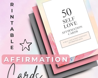 May include: A stack of affirmation cards with the text "50 Self Love Affirmation Cards". The cards are in shades of pink, gray, and white, with the words "Printable" and "Affirmation Cards" also visible. The deck is described as a self-love and body positivity affirmation deck.