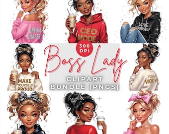 May include: Digital clipart bundle featuring illustrations of stylish women with various hairstyles and outfits. The images include text such as "Dream Chaser," "CEO Mode," and "Make it Happen." The overall theme is empowerment and self-love.