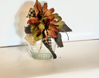 Fall floral bottle, glass bottle, small handle, Harvest decor, cinnamon dusted silk flowers, tiered tray, fall home decor, house warming
