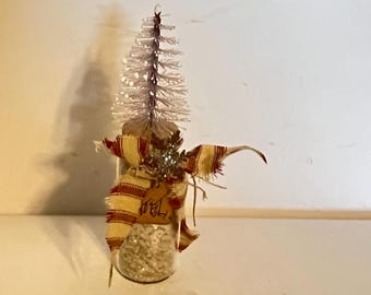 Bottle brush tree, Christmas decor, glass bottle
