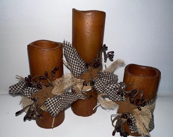 Battery candles, pillar candles, grungy look, primitive decor, set of 3, recycled candles, repurposed, home decor, housewarming gift