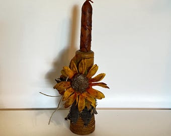 Fall floral decor, vintage textile bobbin, beehive bobbin, grungy sunflower, primitive fall decor, candle holder, bobbin collector, wooden
