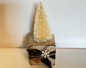 Bottle brush tree, cream tree, wooden white base, snowflake, paperweight, teacher gift, Christmas decor, winter decor, teacher gift
