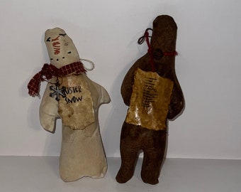 Fabric snowman, fabric gingerbread, Christmas decor, ornaments, set of 2, primitive Christmas, primitive snowman, primitive gingerbread