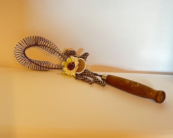Vintage whisk, kitchen gadget, wire whisk, wooden handle, vintage kitchen, vintage utensils, vintage collector, old crock filler, recycled