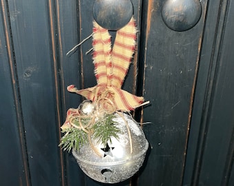 Christmas bell, silver bell, Christmas tree, primitive Christmas, doorknob hanger, package tie, Christmas ornament, snowy bell, metal bell