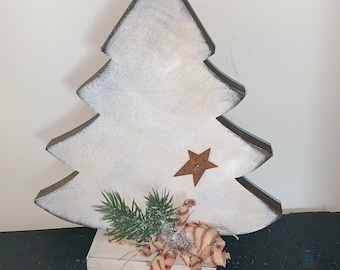 Christmas Tree, white christmas tree, farmhouse tree, farmhouse christmas, primitive white tree, tree on base, christmas decor, shelf sitter