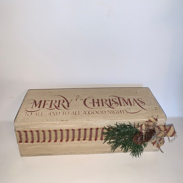 Merry Christmas Box, christmas box, christmas decor, stenciled box, merry christmas box, ornament box, treasure box, primitive christmas box