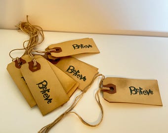 Craft supply, coffee dyed tags, hang tags, crafting tags, Believe tags, Christmas tags, set of 12, primitive crafting tags, gift tags