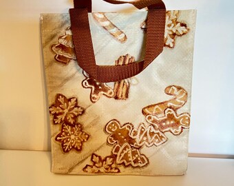 Craft supply, gingerbread tote, tote bag, gift bag, Christmas gift bag, gingerbread collector, reusable gift bag, twill handle, wipe clean
