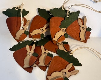 Easter ornaments, spring ornaments, wooden bunnies, carrots, package ties, Easter decor, primitive Easter, Easter tree, set of 8