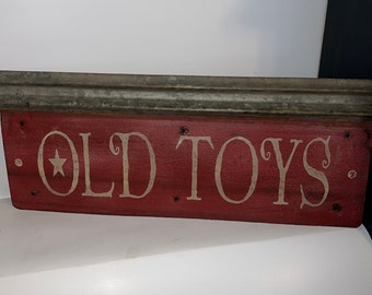 Old Toys sign, metal roofing sign, Christmas decor, primitive Christmas, wall art, unique sign, Christmas sign, repurposed metal, Old toys