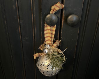 Christmas bell, metal bell, Noel bell, silver bell, Christmas decor, doorknob bell, Christmas tree, ornament, package tie, farmhouse bell