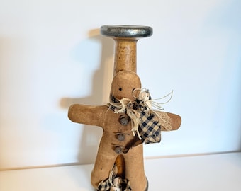 Vintage bobbin, metal rimmed bobbin, industrial bobbin, fabric gingerbread, gingerbread collector, primitive decor, country kitchen, holiday