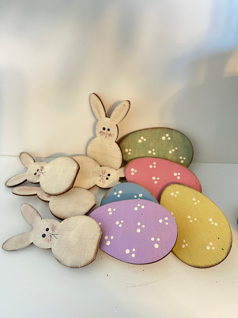 Set of 10 ornaments, wood ornaments, clip on ornaments, bunnies, eggs, spring decor, Easter decor, package ties, pastel eggs, Easter tree image 2