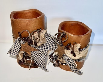 Battery candles, pillar candles, grungy look, primitive decor, set of 2, recycled candles, repurposed, home decor, housewarming gift