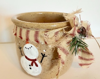 Snowman crock, Christmas crock, Battery pillar holder, tiered tray, winter decor, business card holder, tree holder, Snowman crock collector