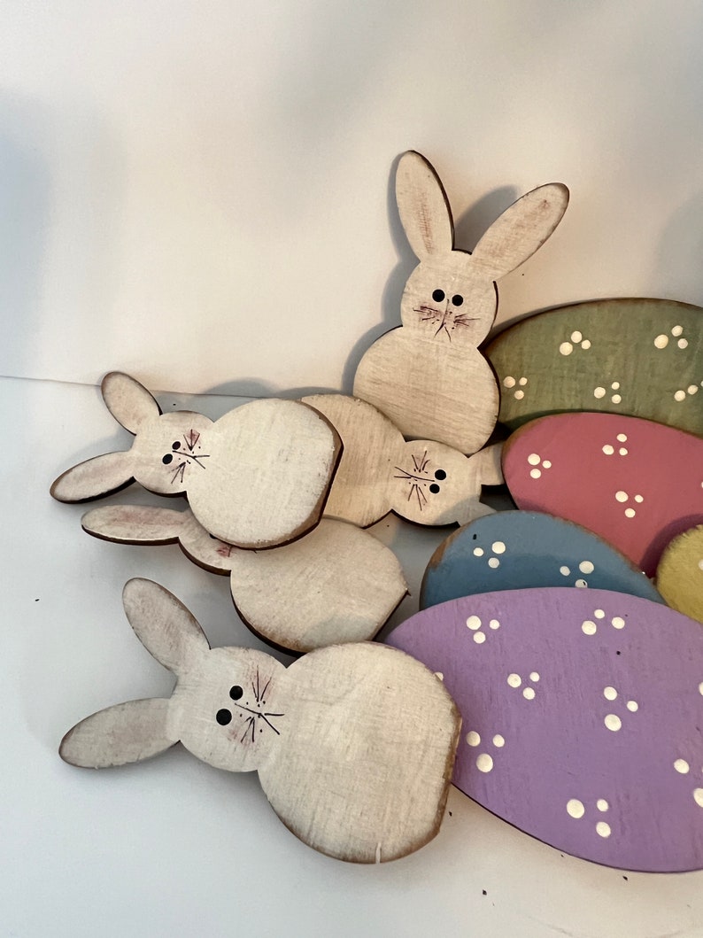 Set of 10 ornaments, wood ornaments, clip on ornaments, bunnies, eggs, spring decor, Easter decor, package ties, pastel eggs, Easter tree image 4