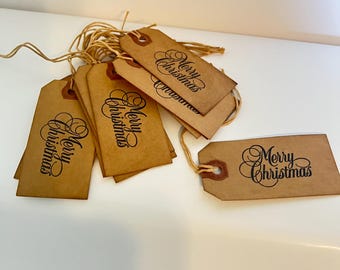 Craft supply, coffee dyed tags, hang tags, crafting tags, Christmas tags, Merry Christmas, set of 12, stenciled design, primitive decor