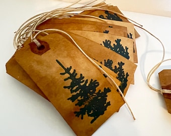 Craft supply, coffee dyed tags, 12 hang tags, crafting tags, Christmas tags, winter tree, set of 12, rubber stamp design,  primitive decor
