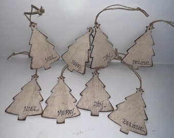 Tree ornaments, package ties, farmhouse Christmas, primitive Christmas, white wooden trees, joy tree, believe tree, noel tree, merry tree
