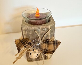 Wooden tea light holder, glass tea light cup, primitive wood, rustic wood, fall candle, Christmas candle, tea light included, country candle