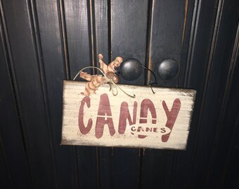 Candy Canes sign, candy canes, christmas candy, stenciled sign, christmas decor, primitive sign, package ties, christmas tree decor, stripes