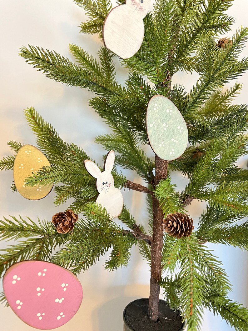 Set of 10 ornaments, wood ornaments, clip on ornaments, bunnies, eggs, spring decor, Easter decor, package ties, pastel eggs, Easter tree image 1