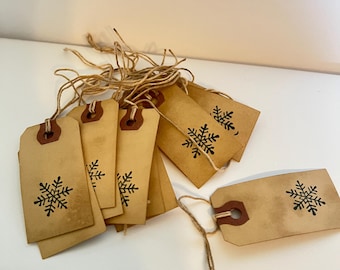 Craft supply, coffee dyed tags, hang tags, crafting tags, Christmas tags, snowflake tags, set of 12, primitive crafting tags, stenciled tags