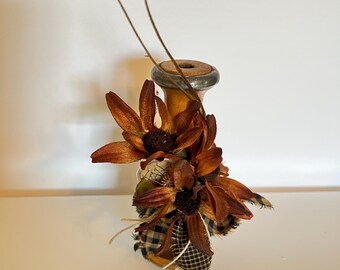 Vintage textile bobbin,  fall flowers,  metal rimmed vintage bobbin,  repurposed bobbin,  textile collector,  piece of textile history