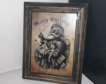 Primitive picture, primitive Santa, Merry Christmas frame, country Christmas, black wooden frame, wall art, table art, Christmas decor,