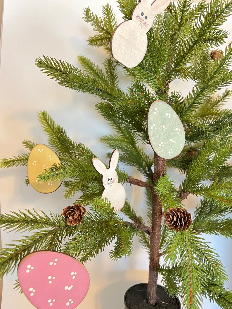 Set of 10 ornaments, wood ornaments, clip on ornaments, bunnies, eggs, spring decor, Easter decor, package ties, pastel eggs, Easter tree image 6